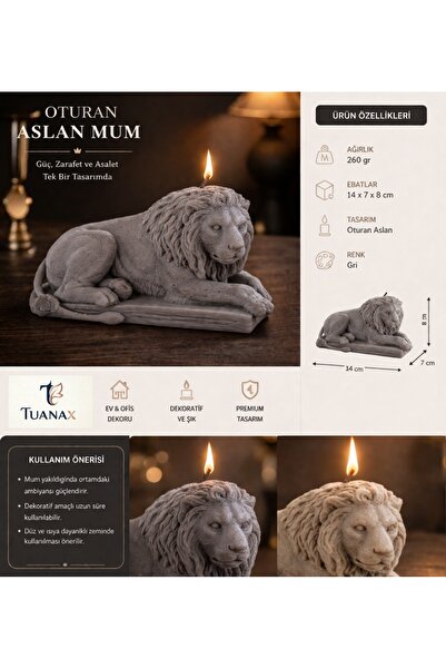 Majestik Aslan Figürü, Heykel Mum 260 Gr. | Dekoratif Tasarım