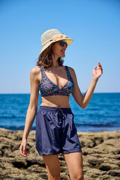 Starinci Mayo Bikini Set with Parachute Shorts, Ethnic Pattern, Navy Blue Bra...