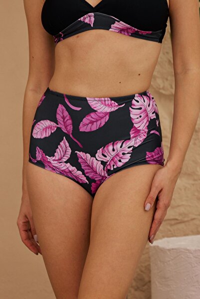 Starinci Mayo Bikini Altı Yüksek Bel Toparlayıcı Siyah Yaprak Desenli