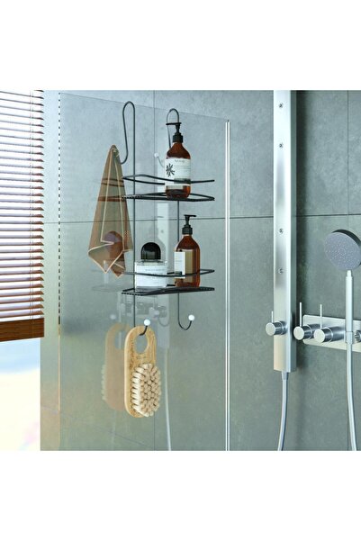 Teknotel Asmalı 2 Kat Banyo Duşa Kabin Duş Rafı Şampuanlık Mat Siyah BK065