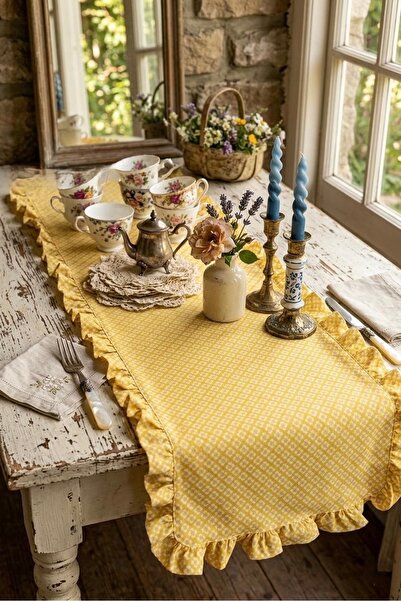 vintagetasarım runner floral βολάν vintage κίτρινο λινό πάπιας 40x130cm