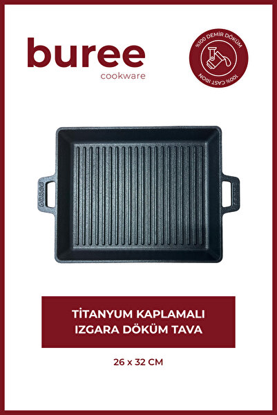 Buree Cookware BUREE DİKDÖRTGEN TİTANYUM KAPLAMALI IZGARA DÖKÜM TAVA - 26 x 3...