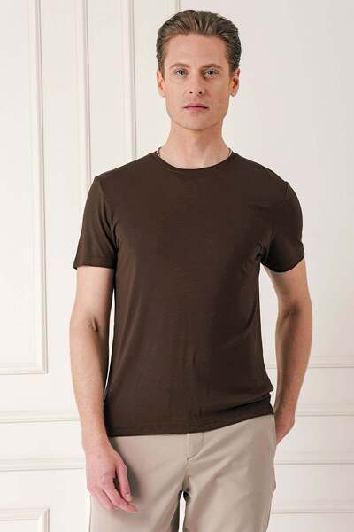 Efor Slim Fit Bisiklet Yaka Esnek Pamuklu Düz Kahverengi Tişört TS 823