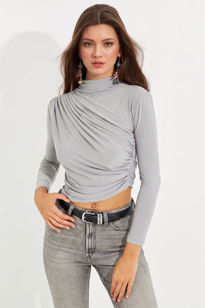NEW JOURNAL Women's Gray Draped Blouse App1226