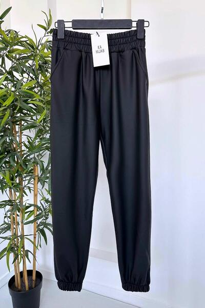Ka Hijab Rubber Detail Leather Jogger Hijab Trousers - Black