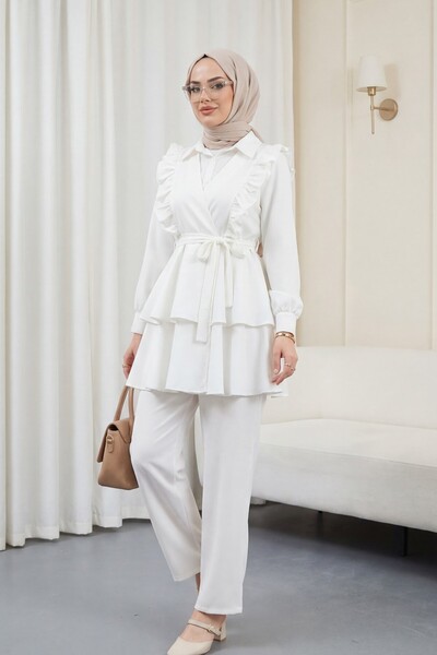 Modamorfo Ruffled Front Lace-Up Skirt and Layered Trousers Kimono Set -White