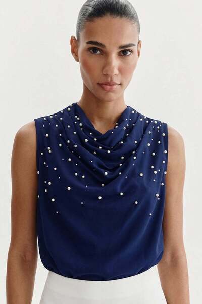 Sateen Μπλούζα με Λεπτομέρειες από Πέρλες - Ναυτικό Μπλε