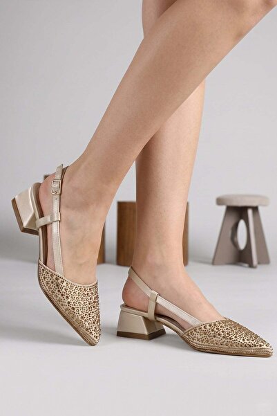 Modezya Jennifer Champagne Stone Λεπτομερή παπούτσια με τακούνι και λουράκι σ...