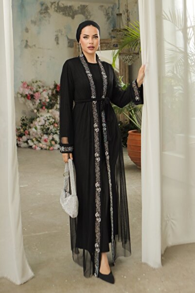 Modamorfo Διπλό Abaya κοστούμι με πέτρινες μανσέτες και κεντημένη ζώνη - μαύρο