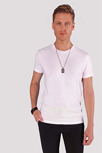 Efor Slim Fit Bisiklet Yaka Esnek Pamuklu Düz Beyaz Tişört TS 823