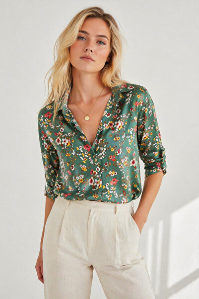 Cassime Μίνι πουκάμισο χακί βισκόζης - Floral print, μακρυμάνικο, με κουμπιά