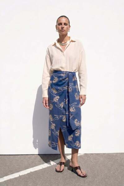 Sateen Μακριά φούστα με λεπτομέρειες κεντήματος - Ίντιγκο