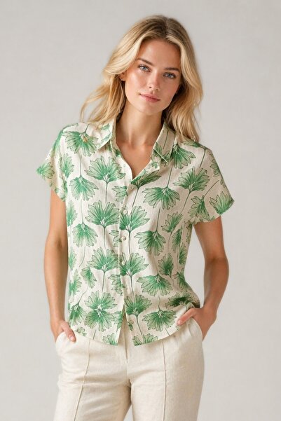 Cassime Γυναικείο πουκάμισο με κοντό μανίκι από λινό ύφασμα με πράσινο σχέδιο