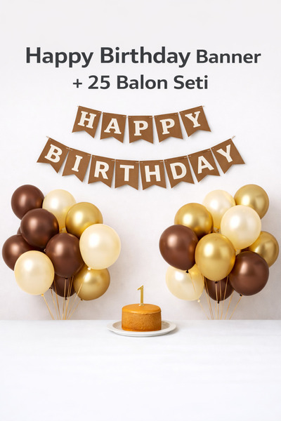 Mosby Happy Birthday Yazı 25’li Balon Seti Retro Kahve Tonu Doğum Günü Süslem...