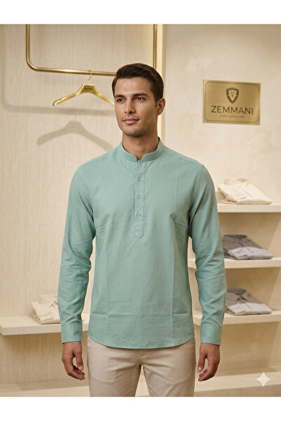 ATKGİYİM Erkek Siyah Hakim Yaka %100 Keten Slim Fit Uzun Kollu Gömlek"