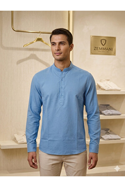 ATKGİYİM Erkek Siyah Hakim Yaka %100 Keten Slim Fit Uzun Kollu Gömlek"