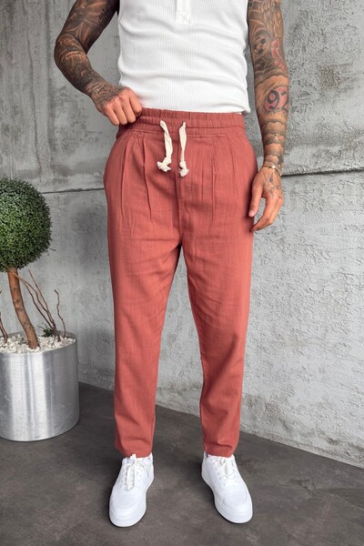 MADZEYMODA Ανδρικό παντελόνι με ελαστική μέση Boyfriend Mold Με πιέτες Tile Λ...