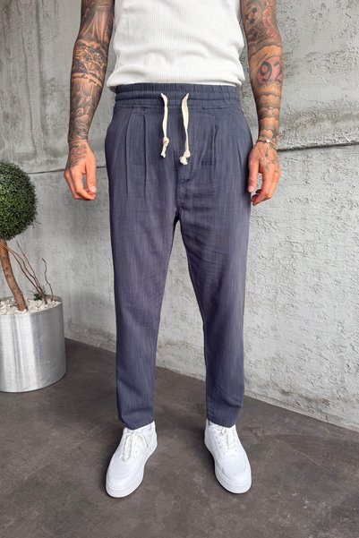 MADZEYMODA Erkek Beli Lastikli Boyfriend Kalıp Pileli Füme Keten Pantolon KE-1600