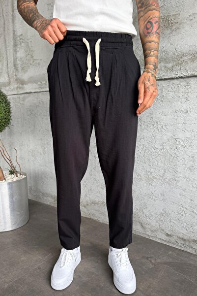 MADZEYMODA Ανδρικό παντελόνι με ελαστική μέση Boyfriend Mold Με πιέτες Μαύρο ...