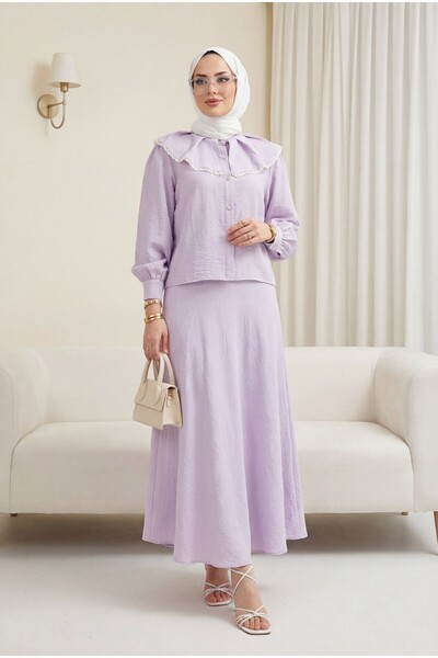 Modamorfo Δαντελωτό Σετ με Φούστα από Καθαρό Λινό - λιλά