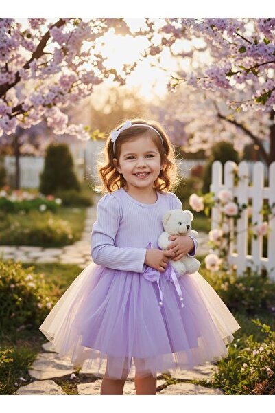Lina Baby Bloom Uzun Kollu Kız Bebek Elbise Tül Etekli Fiyonklu Şık Model