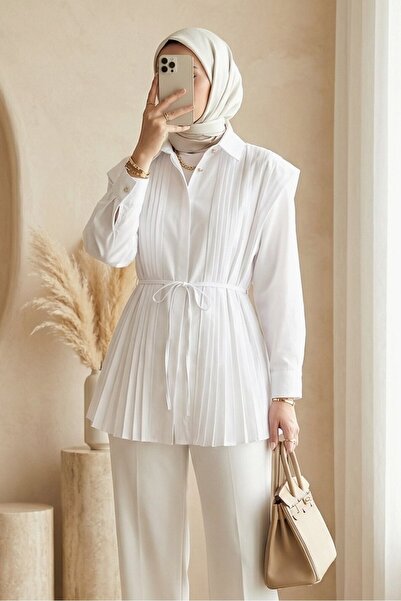 Modamorfo Poplin Shirt with Pleated Detail on Front and Back and Hidden Butto...