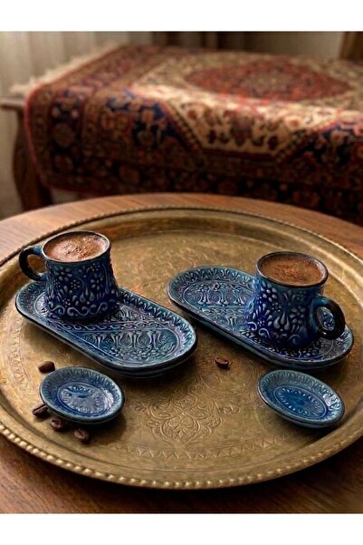 SERAMİK Geleneksel Çini Desenli 2'li Kahve Takımı -Turkuaz Şıklığı