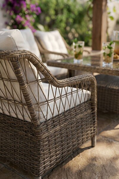 KalyonHome Gardeniza Menton Rattan 4 Berjer Bahçe Balkon Oturma Grubu Masa Takımı Kahve
