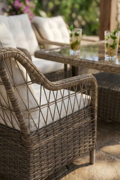 KalyonHome Gardeniza Menton Rattan 4 Berjer Bahçe Balkon Oturma Grubu Masa Takımı Kahve