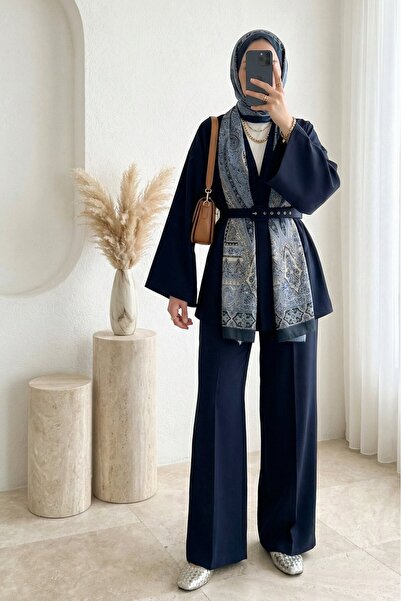 Modamorfo Σετ κιμονό με ζώνη και παντελόνι - μπλε ναυτικό