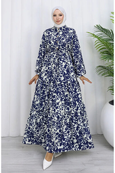 sefamerve Φόρεμα με κορδόνια με μοτίβο με λαιμόκοψη 0190-04 Σκούρο μπλε