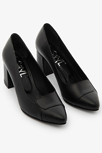 SAYL Μαύρα γνήσια δερμάτινα κλασικά γυναικεία παπούτσια με χοντρό τακούνι