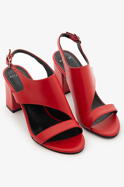 SAYL Κόκκινα γυναικεία παπούτσια με τακούνι από γνήσιο δέρμα με λουράκια Κλασ...