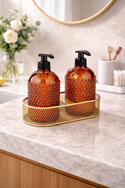 ANGDESİGN Δοχείο υγρού σαπουνιού Yıldız Cam, σετ 2 τεμαχίων - μεταλλικό με χρ...