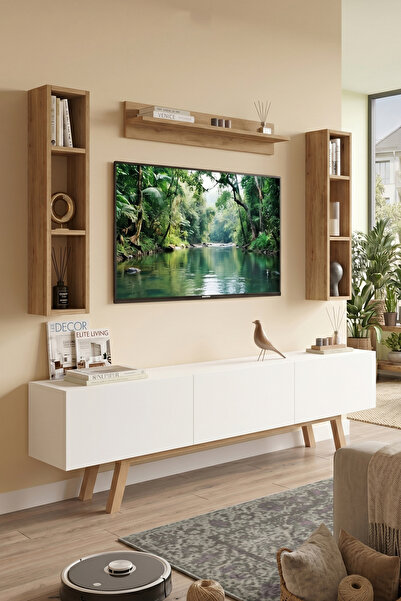 Yurudesign Pulse Tv Ünitesi Raflı 3 Kapaklı 180cm Ahşap Ayaklı Beyaz-sepet Pu...