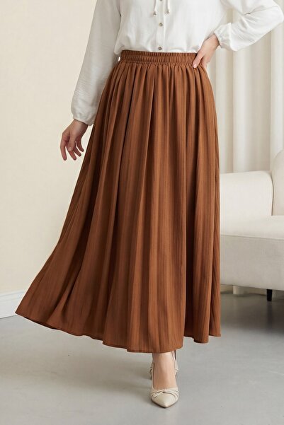 Modamorfo Elastic Waist Lined Long Seersucker Skirt - Tan