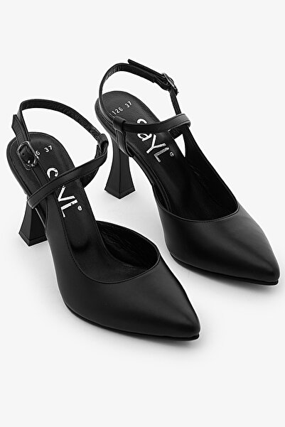SAYL Μαύρο στιλέτο από γνήσιο δέρμα με ανοιχτή πλάτη και λουράκι στον αστράγαλο
