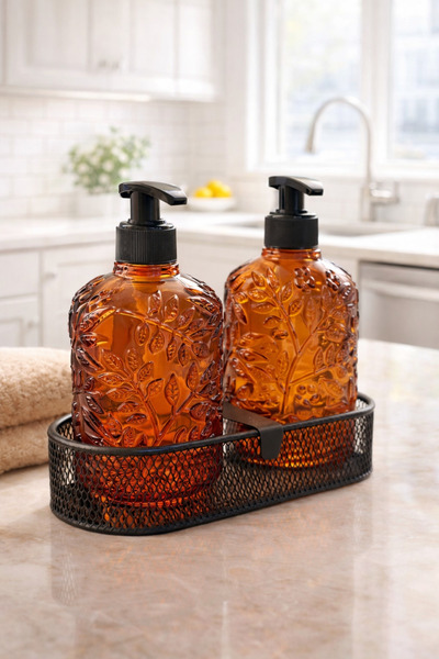 ANGDESİGN Δοχείο υγρού σαπουνιού από γυαλί Venus, σετ 2 τεμαχίων, μεταλλικό Μ...