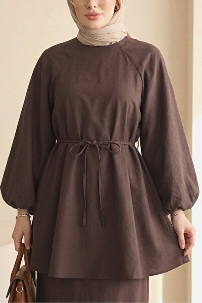 Modamorfo Στρογγυλή λαιμόκοψη με κορδόνι με μπαλόνι μανίκι τουνίκ - καφέ