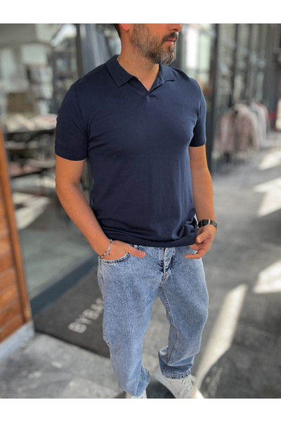 BYBASICMAN Navy Blue Basic Polo Neck Knitwear T-Shirt G-17190
