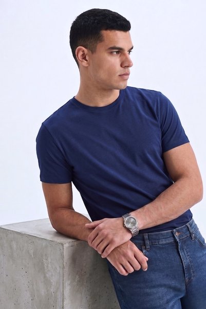 GUARAZ Men'S/Unisex Slim Fit Lycra Body-Fitting Navy Blue Soft Textured Crew Neck T-Shirt