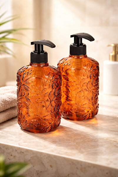 ANGDESİGN Δοχείο υγρού σαπουνιού από γυαλί Venus, σετ 2 τεμαχίων - κεχριμπαρέ...