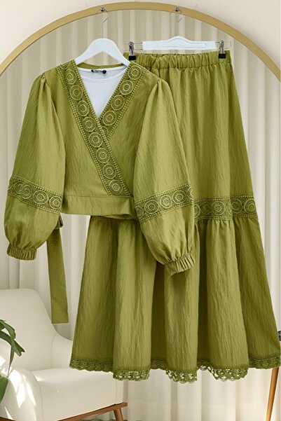 Modamorfo Lace Detail Tie-Detail Crinkle Skirted Set with Elasticated Sleeves...