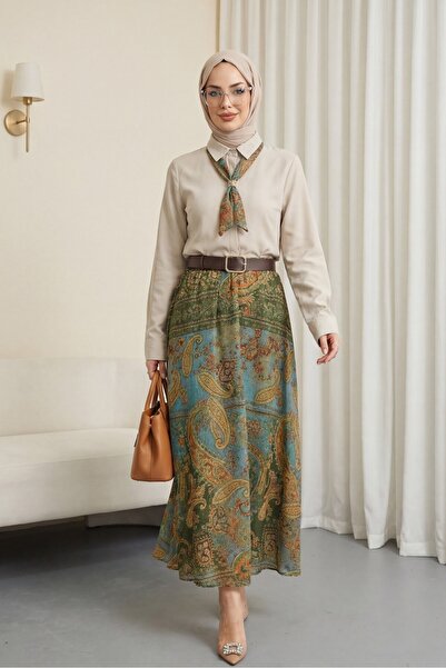 Modamorfo Buttoned Closed Skirt with Ethnic Patterned Suit -Beige