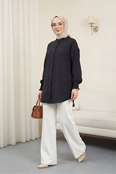 Modamorfo Μανίκια ντραπέ Πουκάμισο Οβάλ Κοπής -Μαύρο