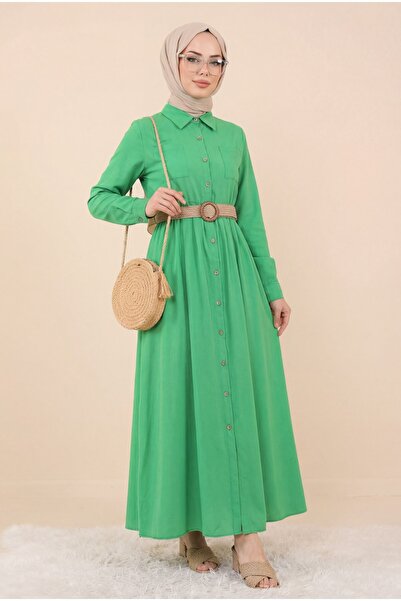 Modamorfo Πράσινο πουκάμισο φόρεμα - με κουμπιά και ζώνη