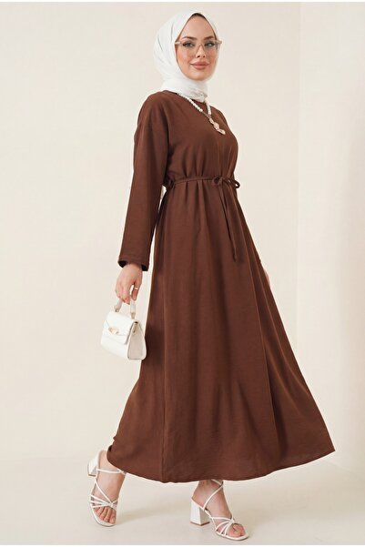 Modamorfo Λινό φόρεμα με δέσιμο στη μέση και φερμουάρ στην πλάτη - καφέ