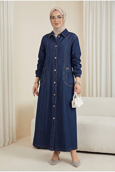 Modamorfo Bag with Pockets and Metal Buttons, Long Denim Cap - Navy