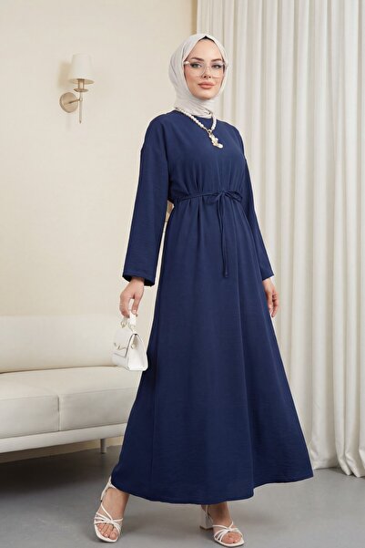 Modamorfo Λινό φόρεμα με δέσιμο στη μέση και φερμουάρ στην πλάτη - μπλε ναυτικό