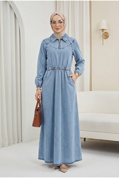 Modamorfo Denim Dress with Zippered Collar, Elastic Waist and Sleeves, and Po...